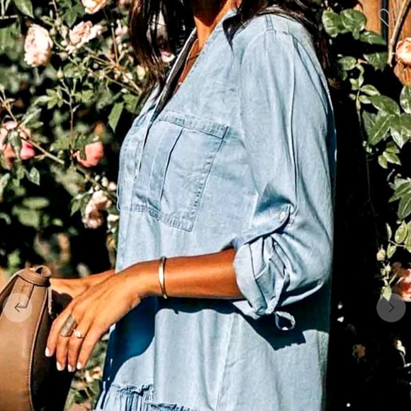 M Light Blue Mazik Button Down Distressed Denim Shirt Dress/Tunic 100% Cotton - Picture 3 of 16